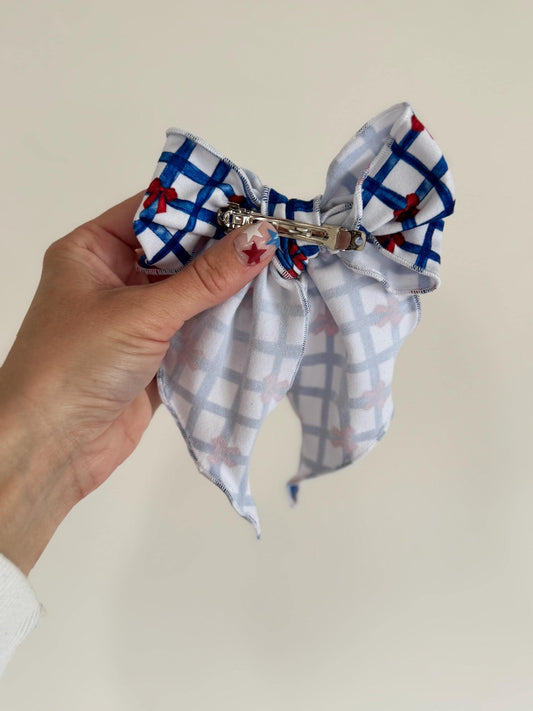 Blue Gingham with Red Bows Fable Bows, Bow Hair Clip, Barrette Hair Clip, 4th of July Clip, 4th of July, Barrette, Brynnbands