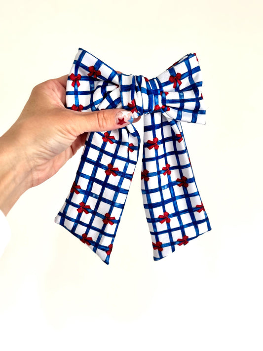Blue Gingham Hair Bow with Red Bows - Barrette Hair Clip