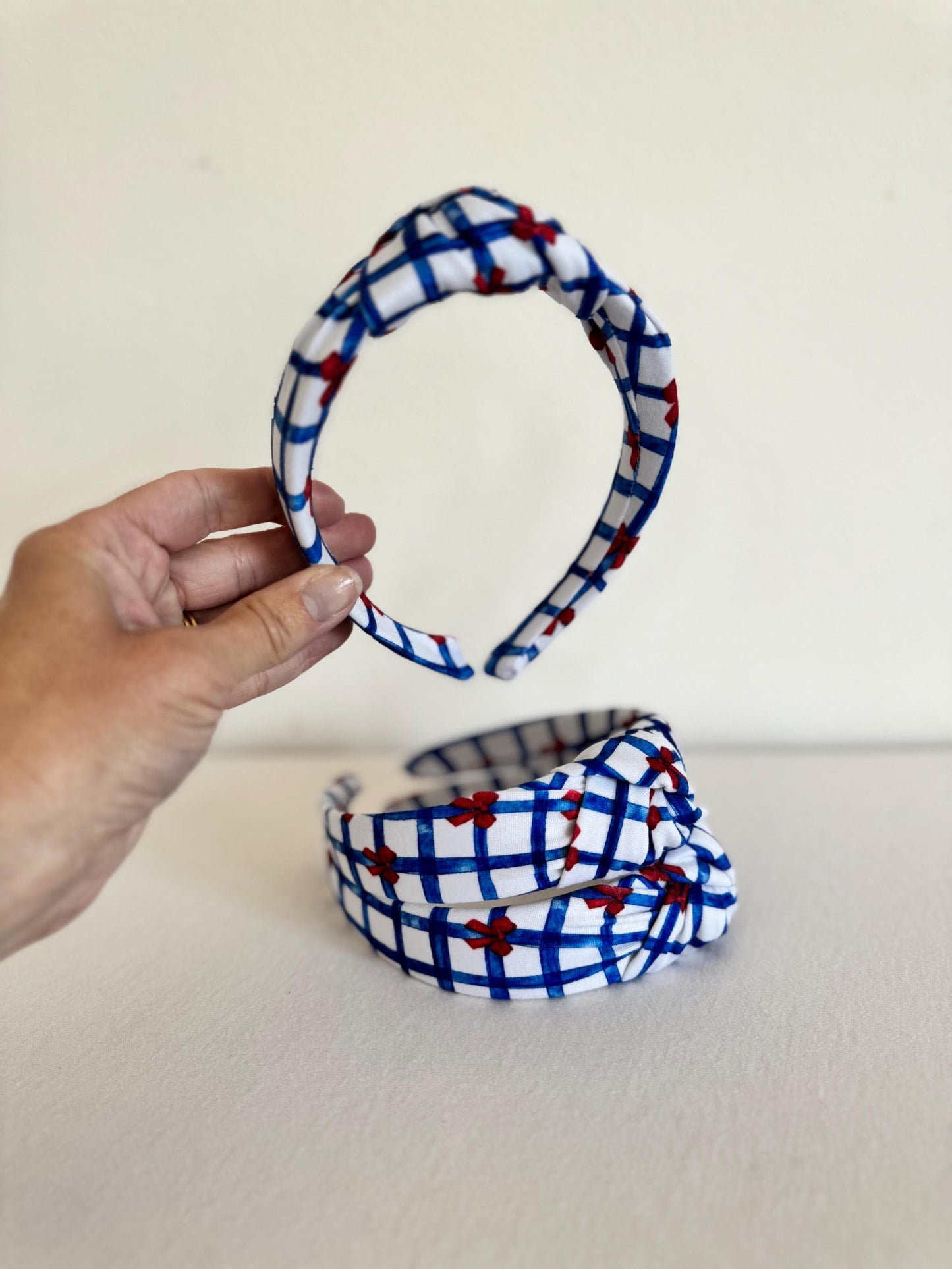Blue Gingham Red Bows Headband, Hard Headband, Hair Headband, Headband, Brynnbands, Patriotic Headband, 4th of July Hair, 4th of July