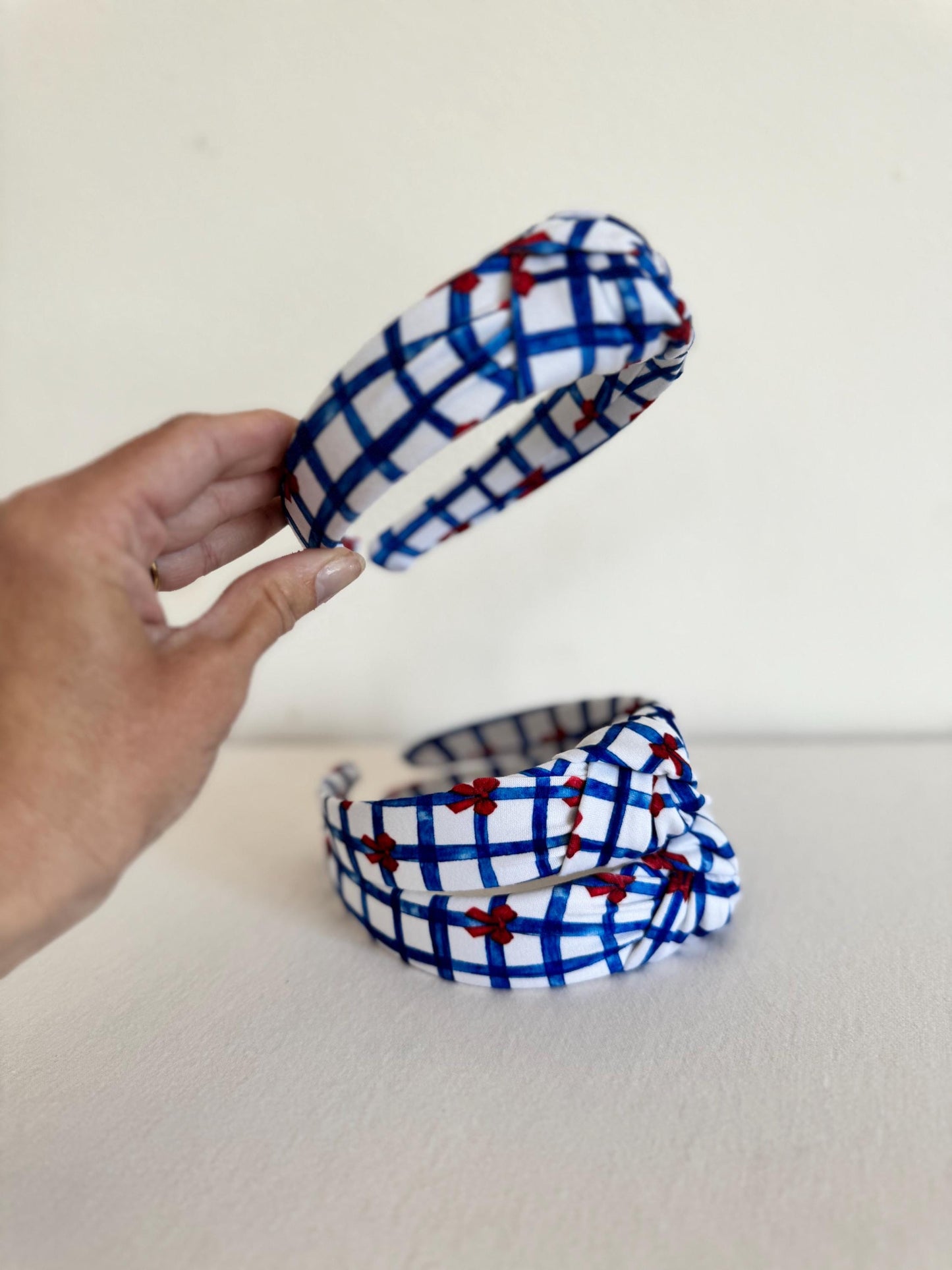 Blue Gingham Red Bows Headband, Hard Headband, Hair Headband, Headband, Brynnbands, Patriotic Headband, 4th of July Hair, 4th of July