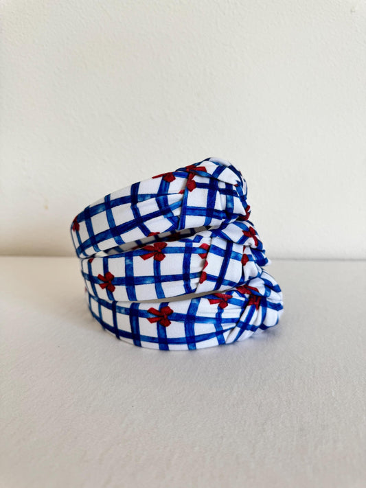 Blue Gingham Red Bows Headband, Hard Headband, Hair Headband, Headband, Brynnbands, Patriotic Headband, 4th of July Hair, 4th of July