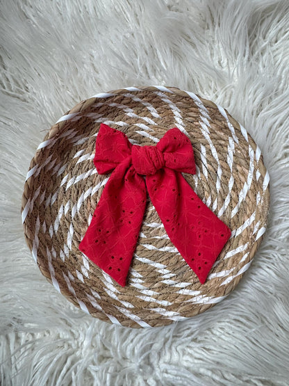 Red Eyelet Hair Bow Barrette: Soft Poly Clip