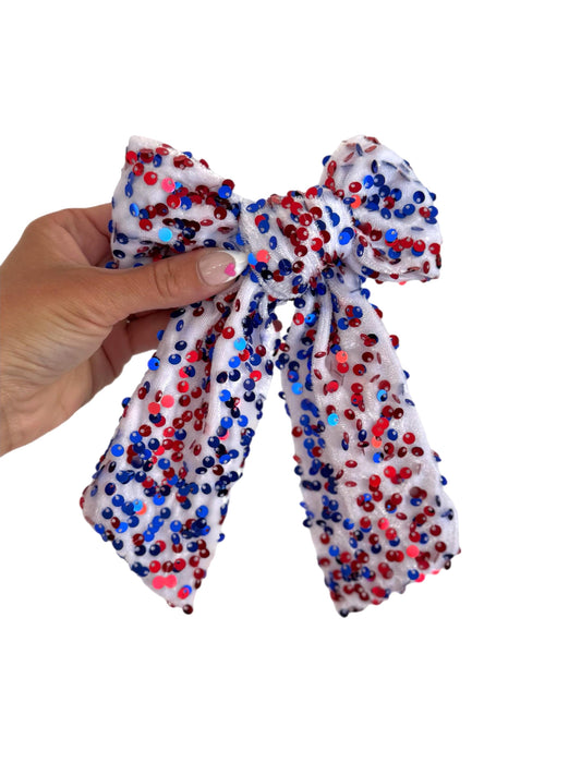 Red White Blue Sequin Bow Barrette - 4th of July Hair Clip