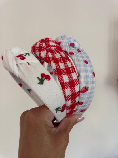 Knotted Fabric Headband: Cherry or Gingham Print - Brynnbands