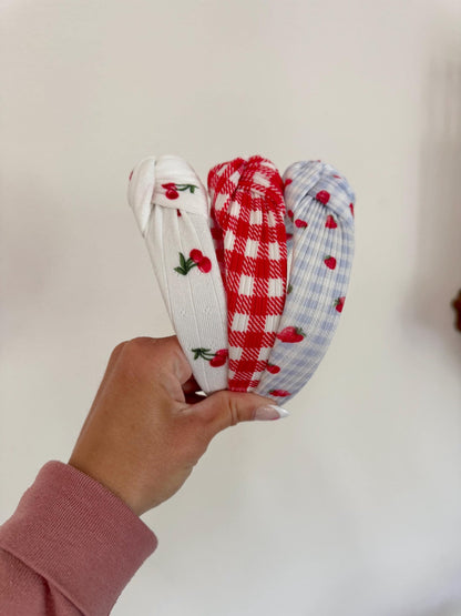 Knotted Fabric Headband: Cherry or Gingham Print - Brynnbands