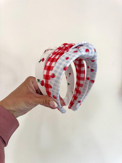 Knotted Fabric Headband: Cherry or Gingham Print - Brynnbands