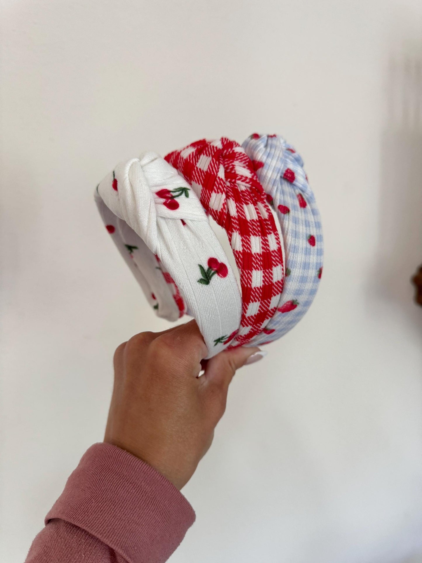 Knotted Fabric Headband: Cherry or Gingham Print - Brynnbands