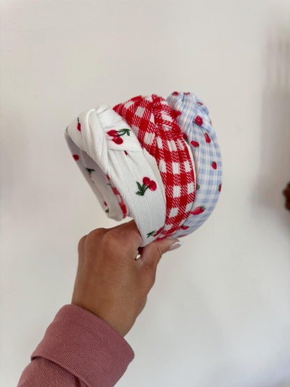 Knotted Fabric Headband: Cherry or Gingham Print - Brynnbands