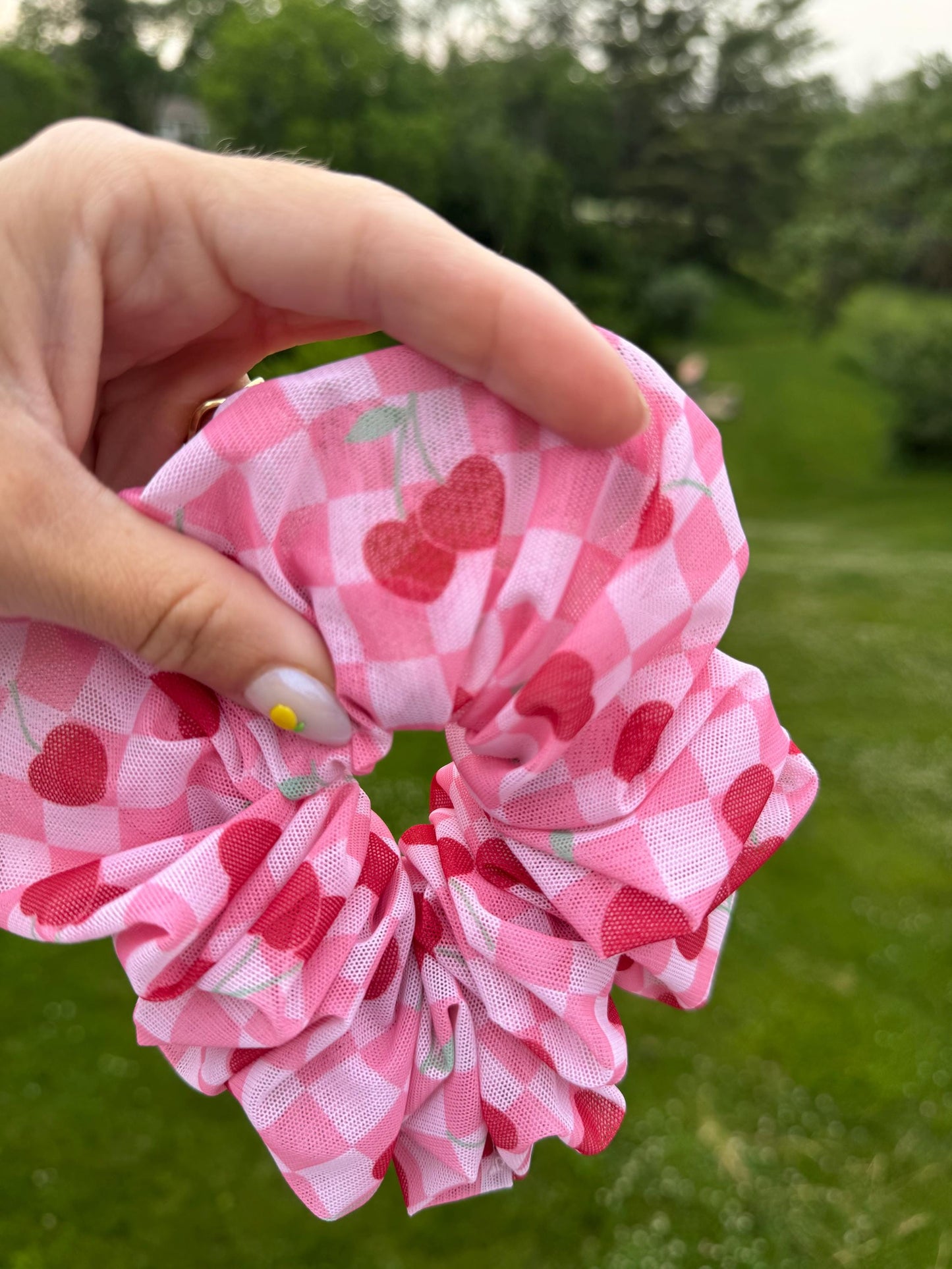 Pink Gingham Cherry Scrunchie - Hair Accessory