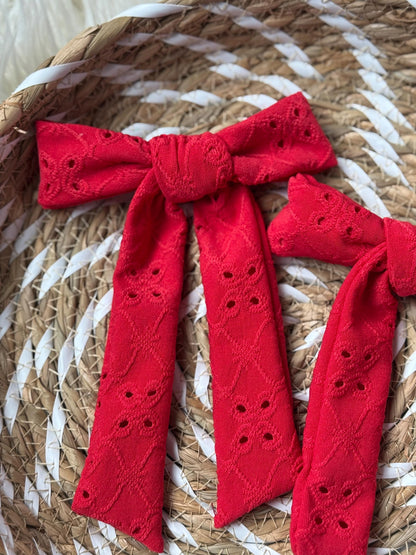 Red Eyelet Hair Bow Barrette: Soft Poly Clip