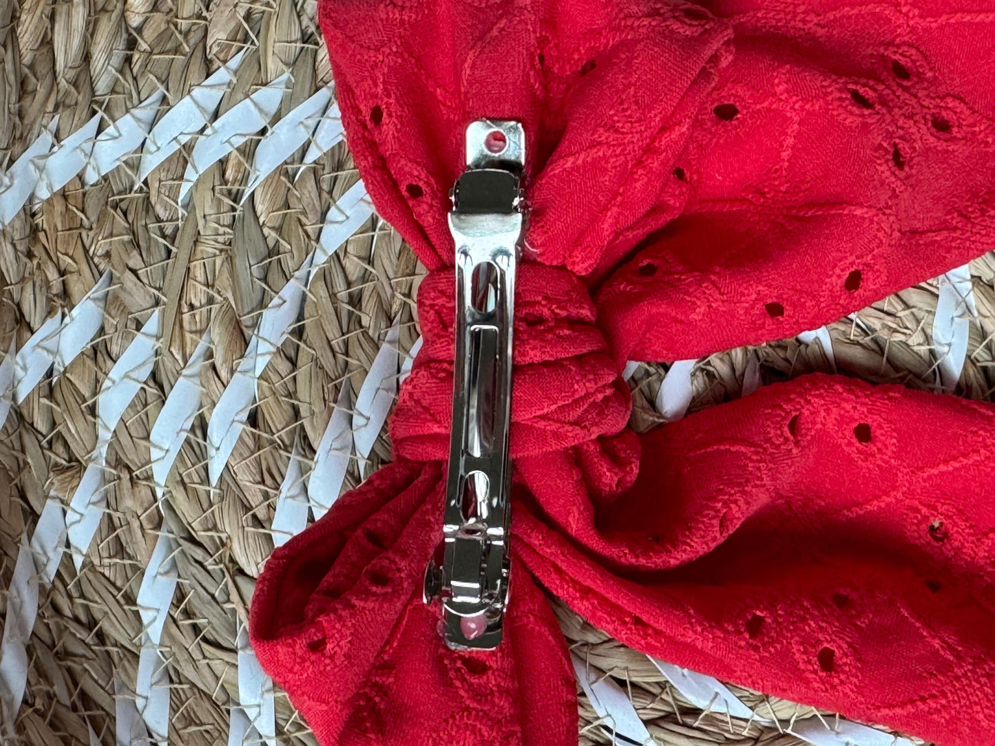 Red Eyelet Hair Bow Barrette: Soft Poly Clip