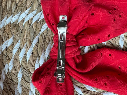Red Eyelet Hair Bow Barrette: Soft Poly Clip