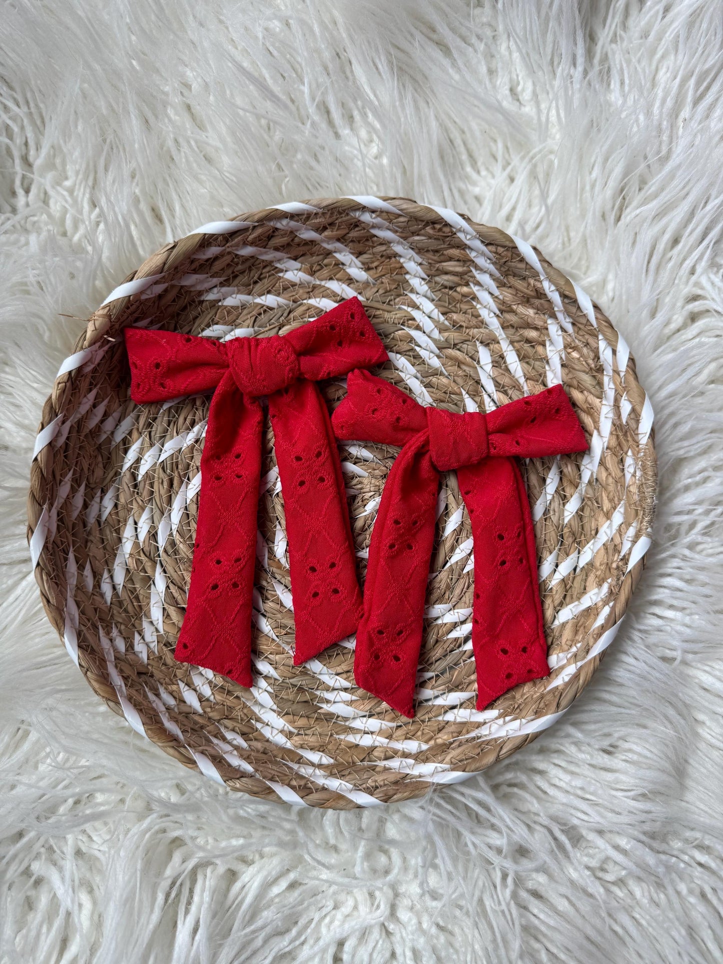 Red Eyelet Hair Bow Barrette: Soft Poly Clip