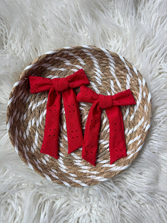 Red Eyelet Hair Bow Barrette: Soft Poly Clip