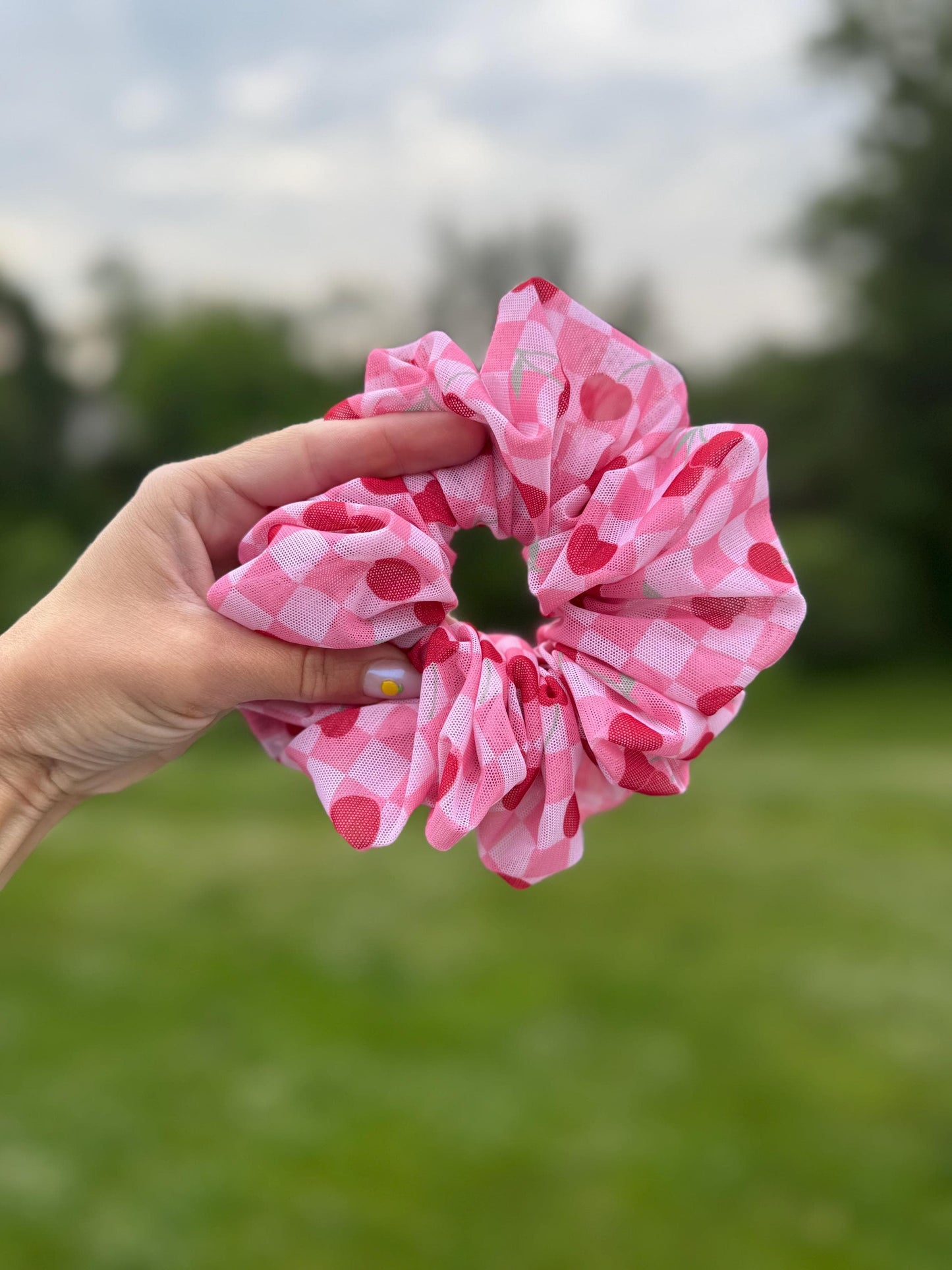 Pink Gingham Cherry Scrunchie - Hair Accessory