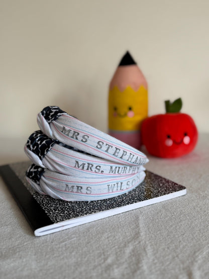 Custom Teacher Headband, Personalized Top Knot Headband