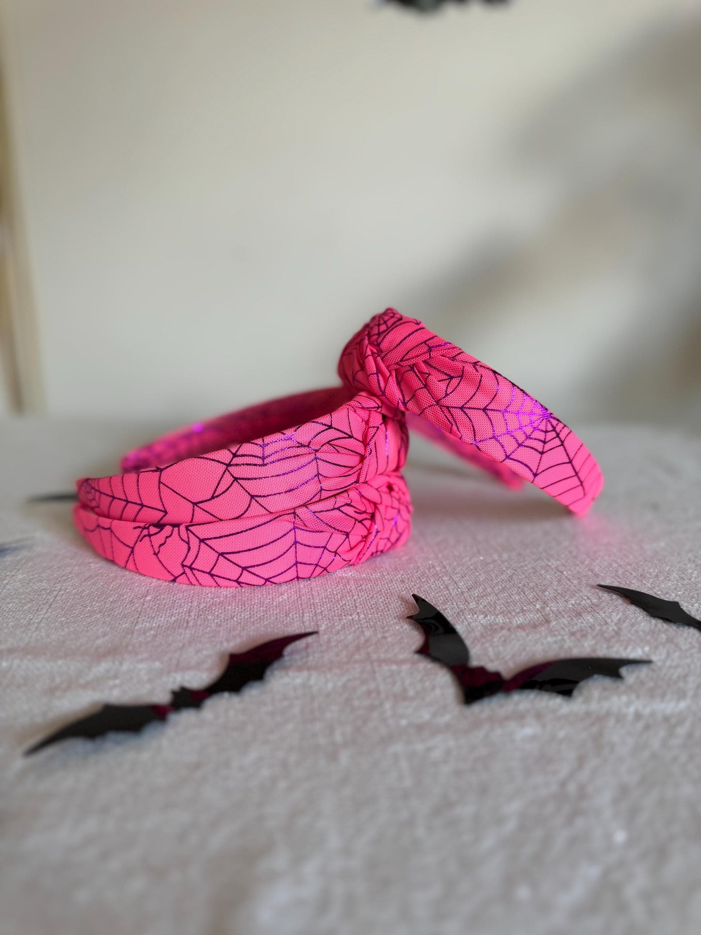 Pink Spiderweb MESH Top Knot, Halloween Headband, Black Headband, Brynnbands, Hard Headband, Knotted Headband,