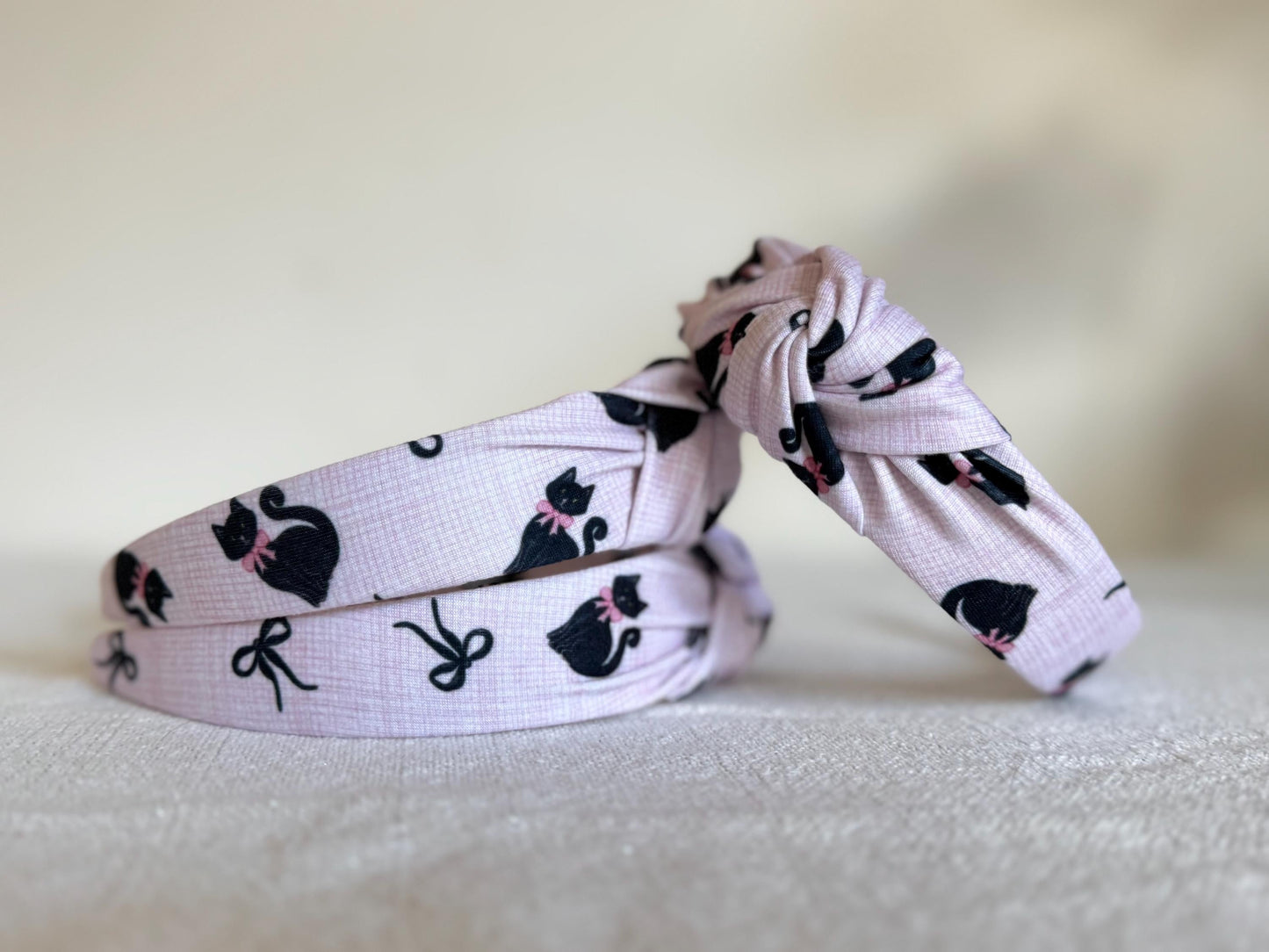 Pink Cat Print Knot Headband, Fall Hair Accessory