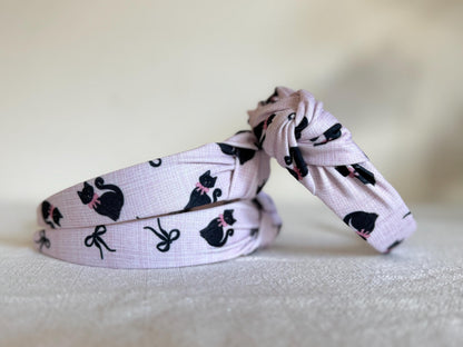 Pink Cat Print Knot Headband, Fall Hair Accessory