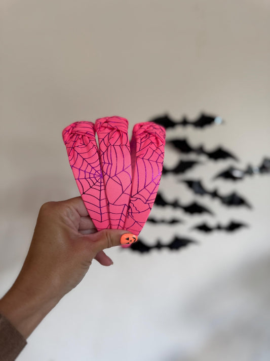 Pink Spiderweb MESH Top Knot, Halloween Headband, Black Headband, Brynnbands, Hard Headband, Knotted Headband,