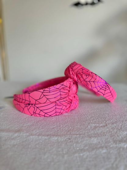Pink Spiderweb MESH Top Knot, Halloween Headband, Black Headband, Brynnbands, Hard Headband, Knotted Headband,
