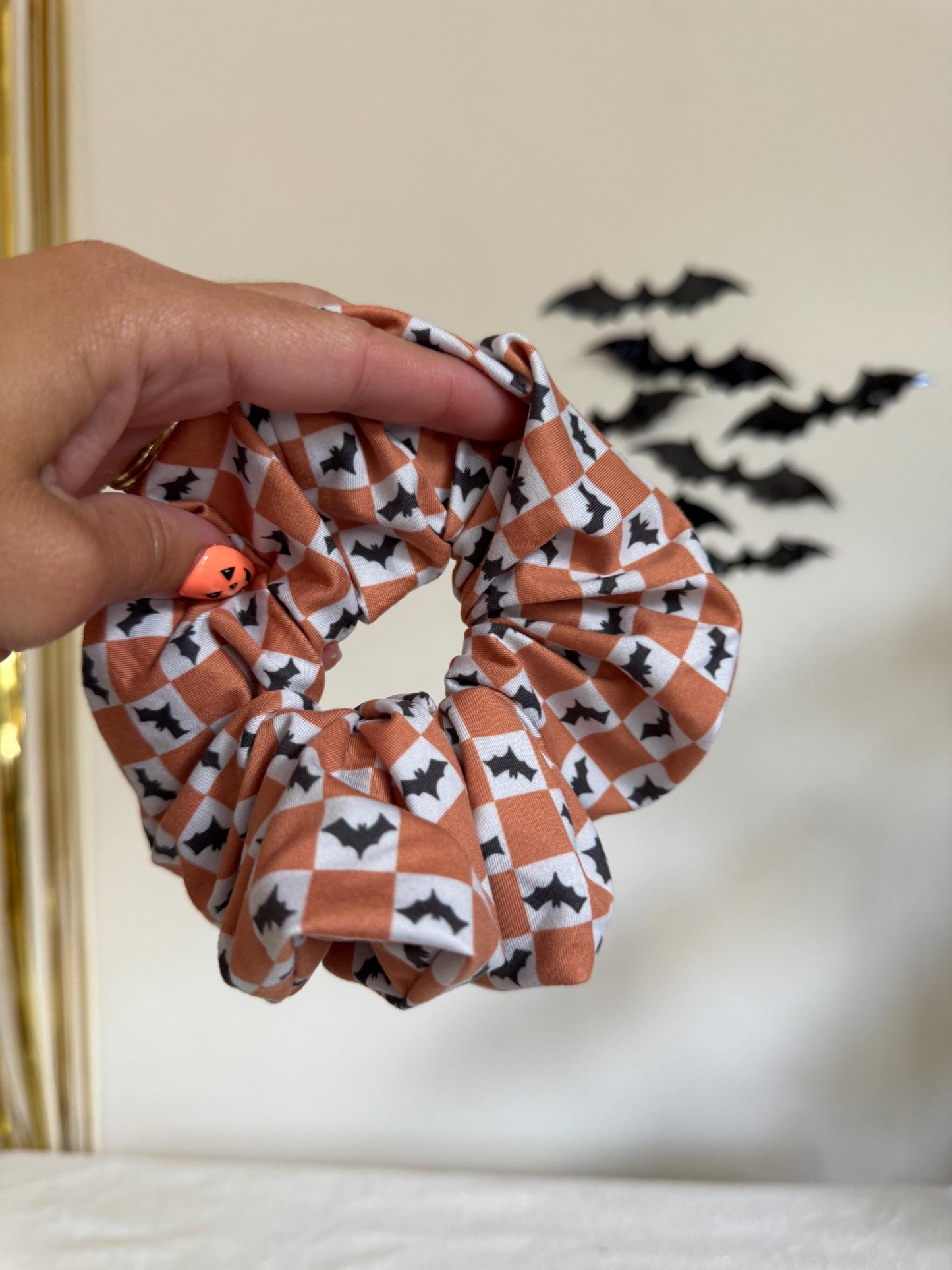 Checkered Bat Scrunchie, Halloween Hair Tie, Handmade