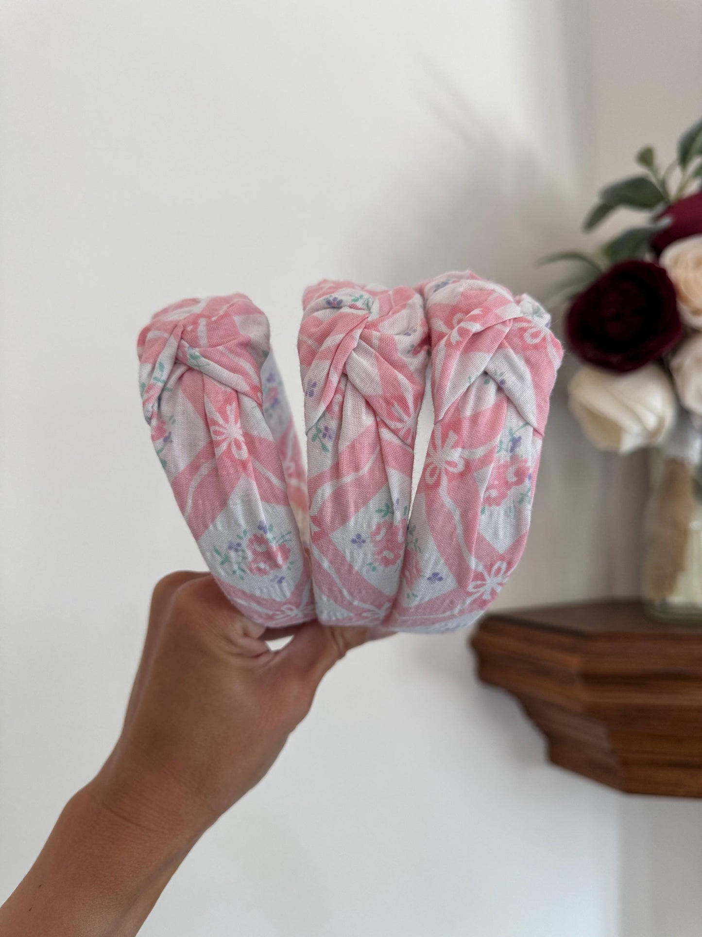 Vintage Pink Floral Top Knot Headband, Recycled Fabric