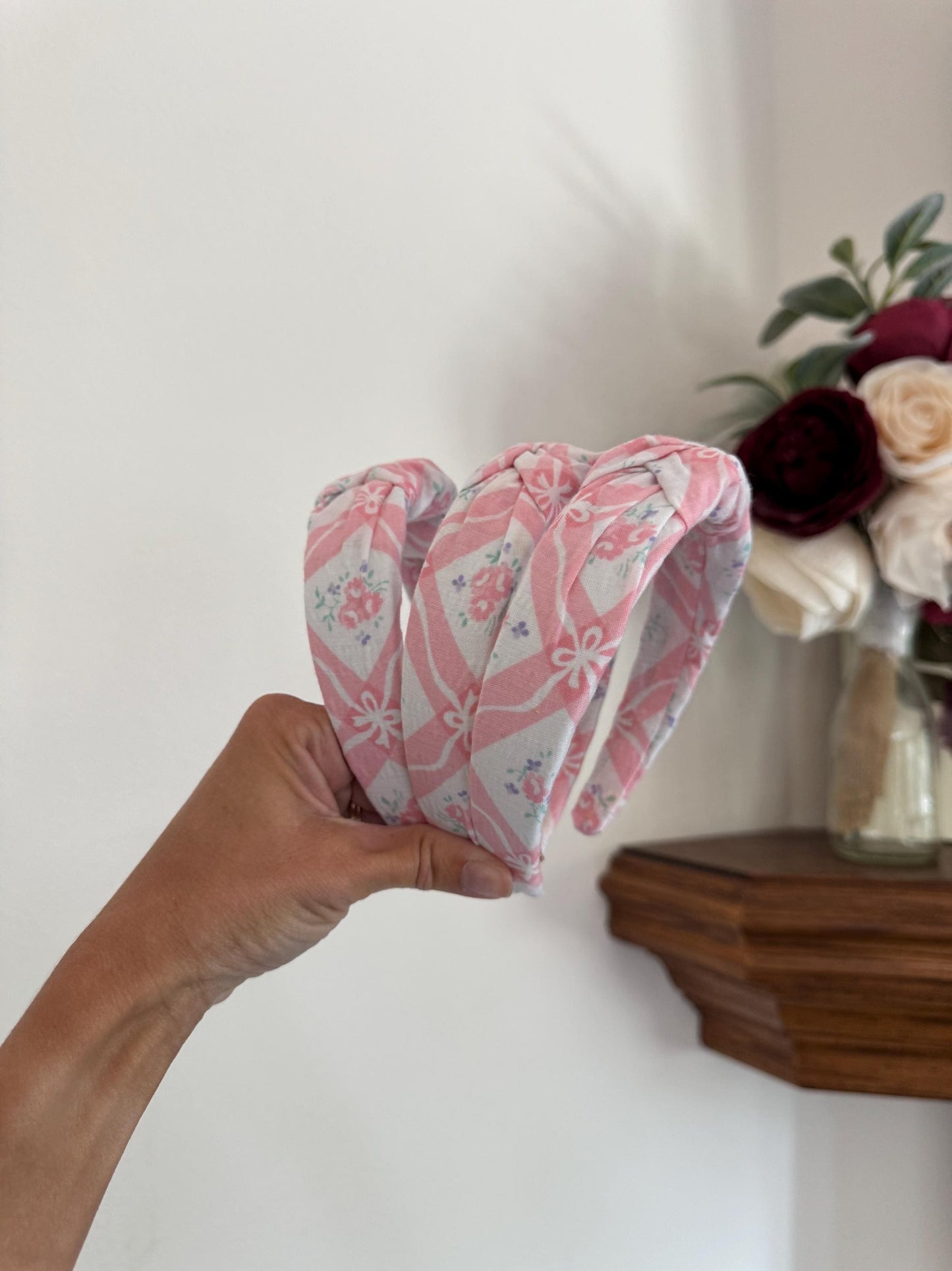 Vintage Pink Floral Top Knot Headband, Recycled Fabric