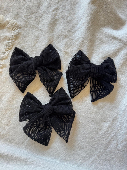 Floppy Black Spider Web Bow, Mesh Bow, Lace Bow, Bow Hair Clip, Long Tail Hair Bow, Barrette Hair Clip,  Brynnbands, Fable Bow