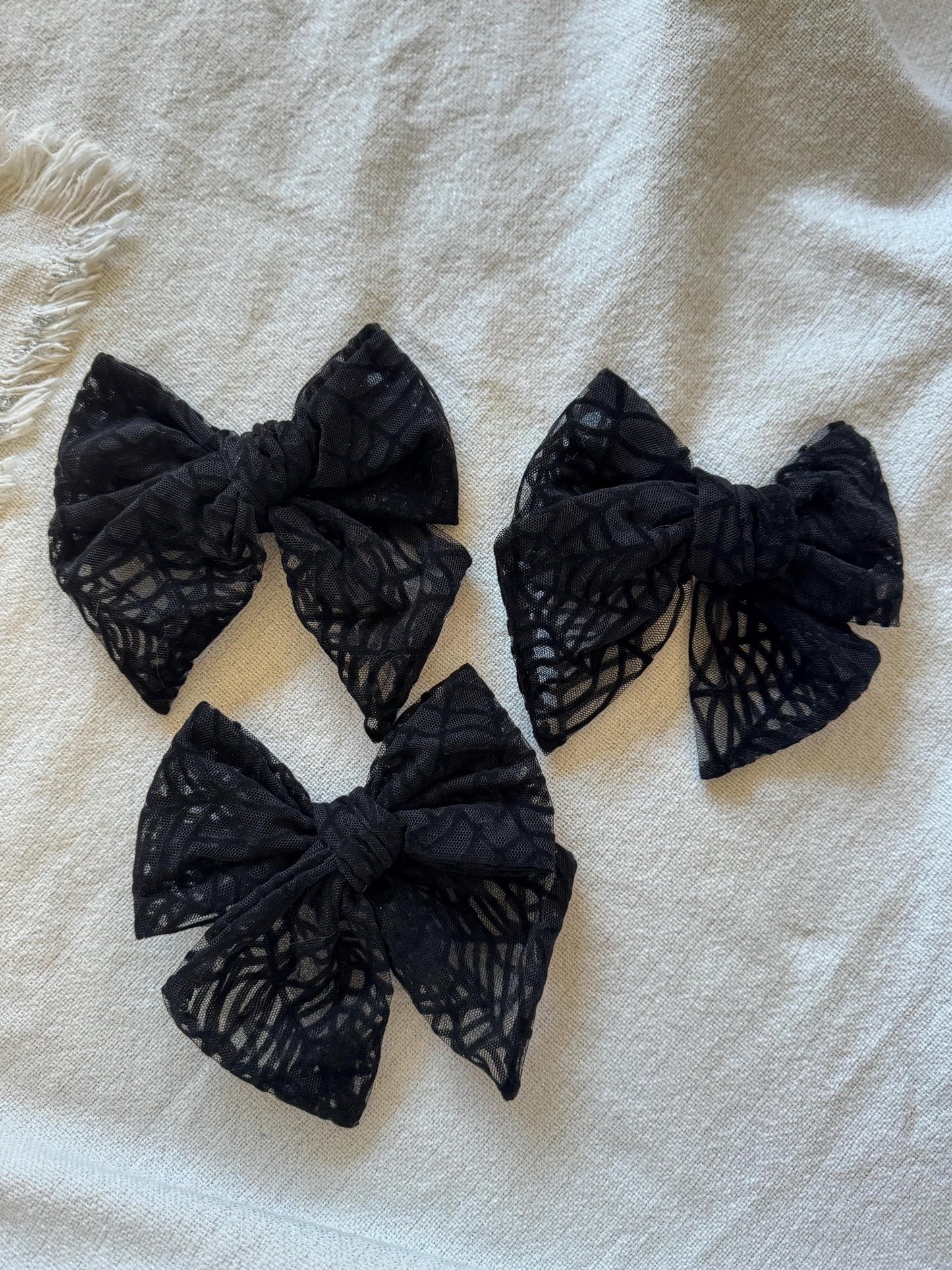 Floppy Black Spider Web Bow, Mesh Bow, Lace Bow, Bow Hair Clip, Long Tail Hair Bow, Barrette Hair Clip,  Brynnbands, Fable Bow