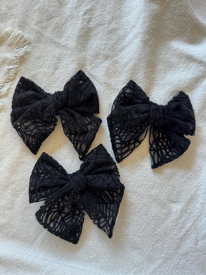 Floppy Black Spider Web Bow, Mesh Bow, Lace Bow, Bow Hair Clip, Long Tail Hair Bow, Barrette Hair Clip,  Brynnbands, Fable Bow