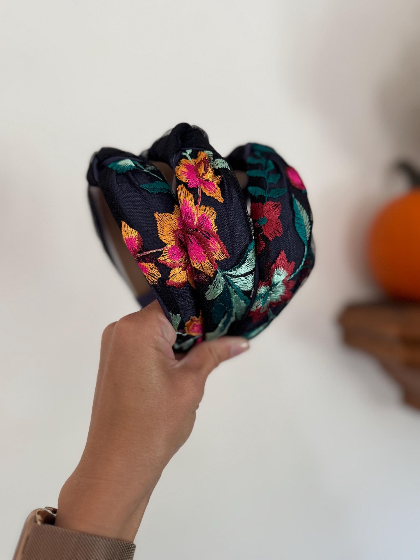 Navy Floral Embroidered Top Knot Headband, Satin Base