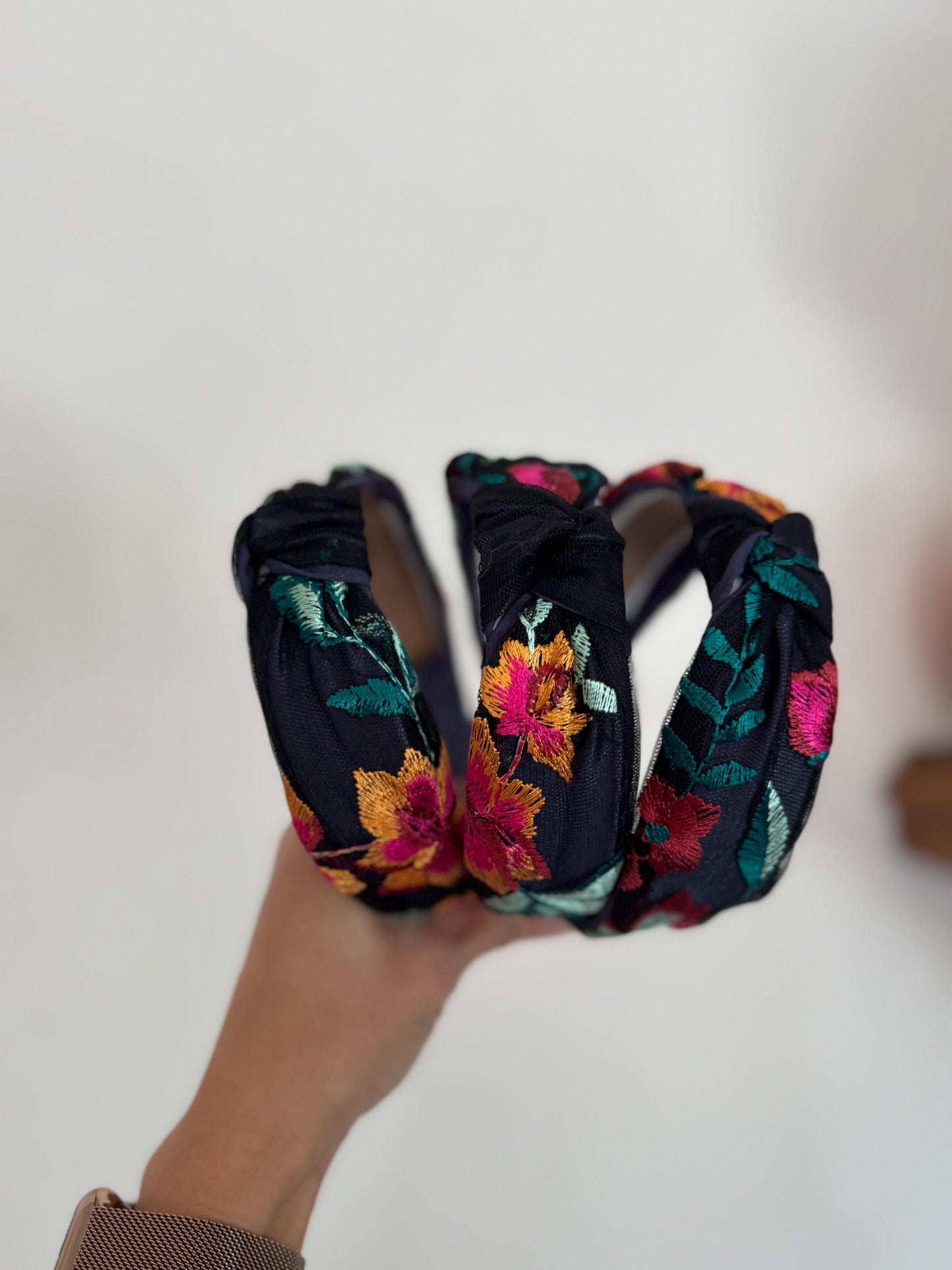 Navy Floral Embroidered Top Knot Headband, Satin Base