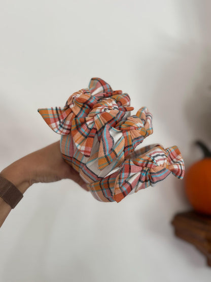 Orange Cream Plaid Top Knot Cotton Headband, Fall Hair