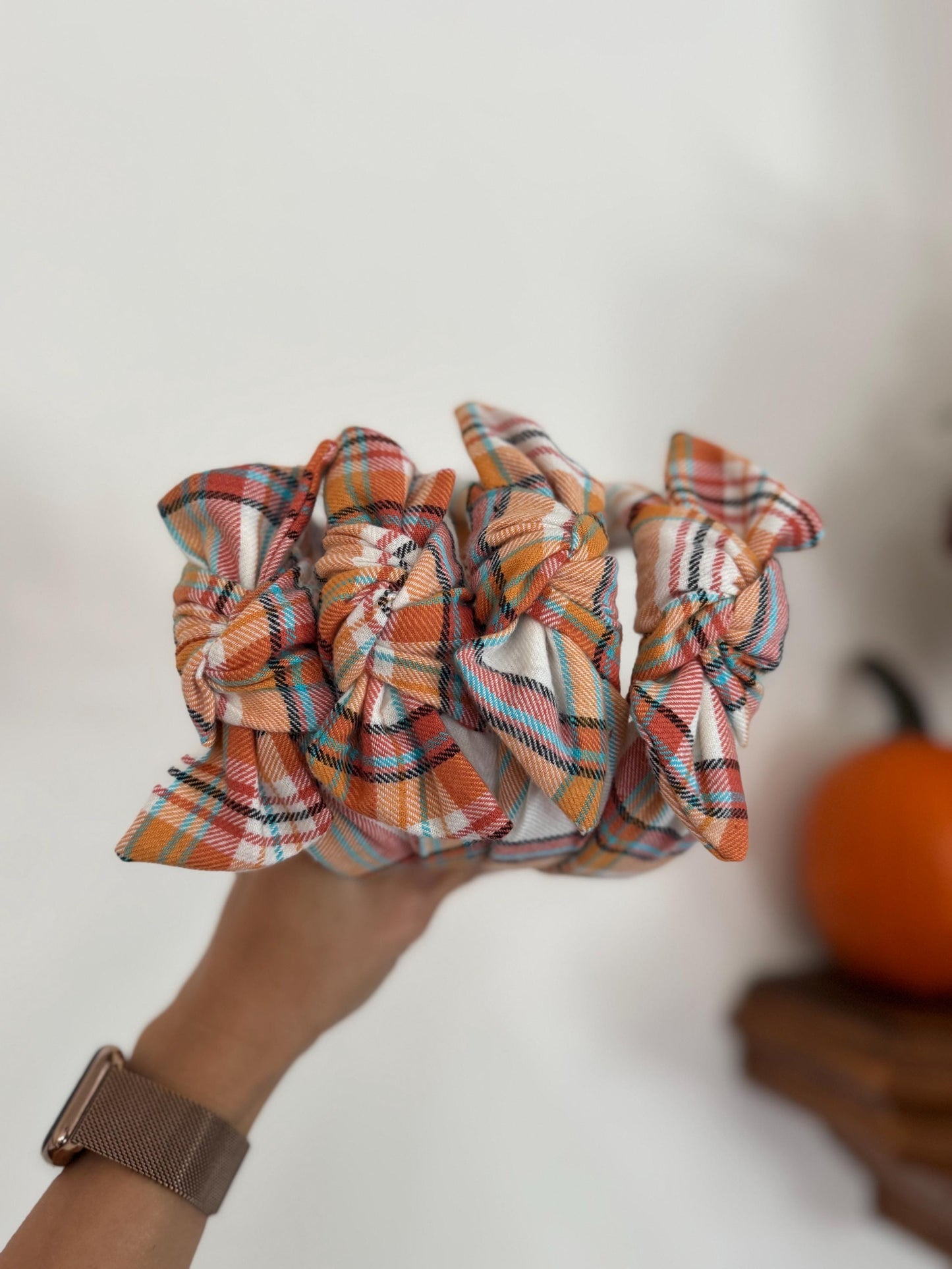Orange Cream Plaid Top Knot Cotton Headband, Fall Hair