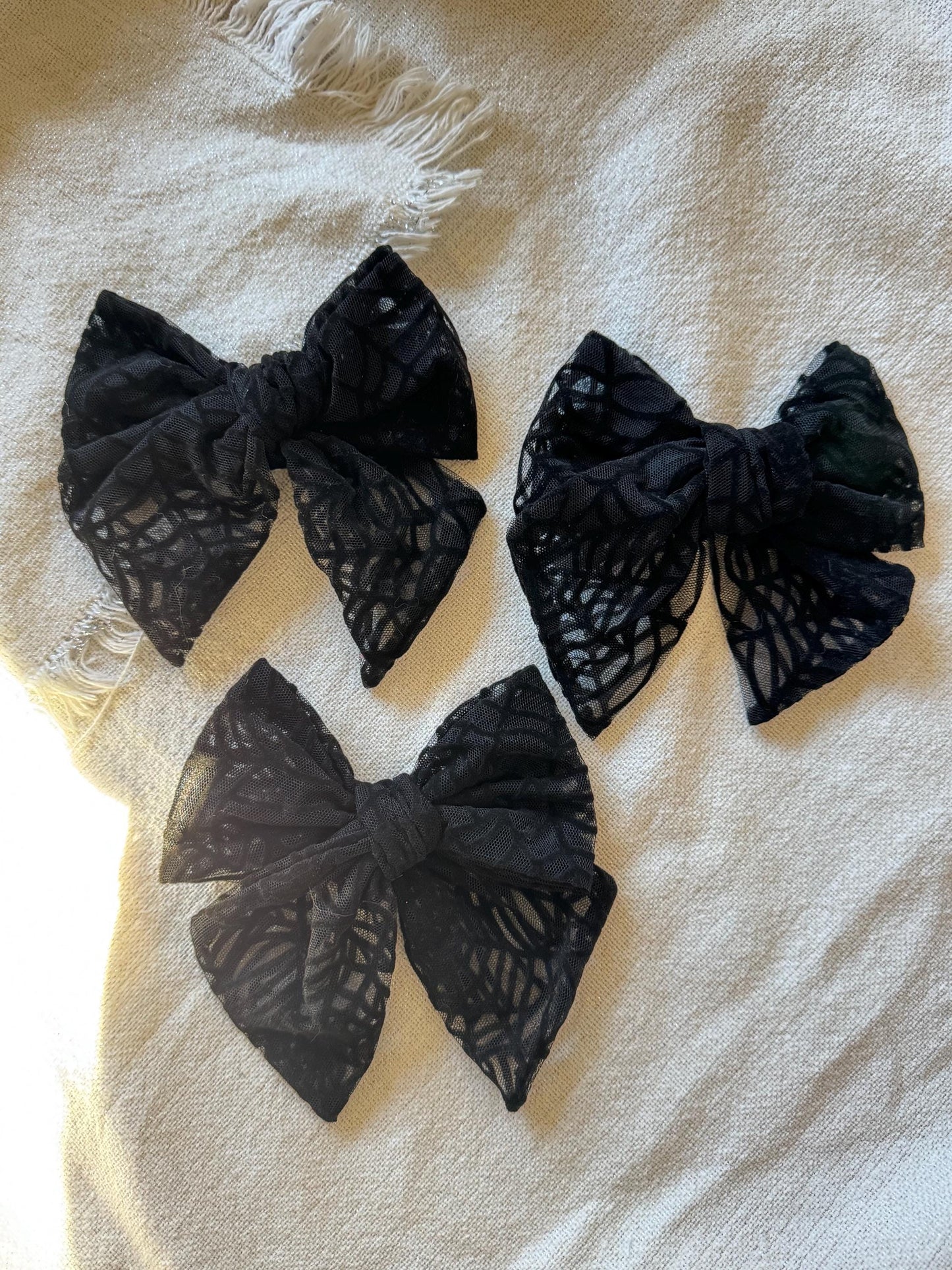 Floppy Black Spider Web Bow, Mesh Bow, Lace Bow, Bow Hair Clip, Long Tail Hair Bow, Barrette Hair Clip,  Brynnbands, Fable Bow