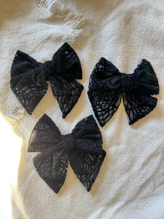 Floppy Black Spider Web Bow, Mesh Bow, Lace Bow, Bow Hair Clip, Long Tail Hair Bow, Barrette Hair Clip,  Brynnbands, Fable Bow