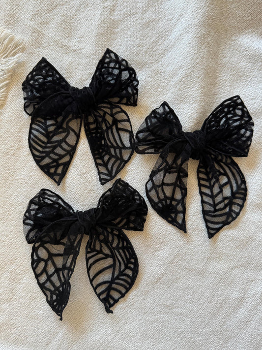 Halloween Bow, Black Spider Web Bow, Mesh Bow, Lace Bow, Bow Hair Clip, Long Tail Hair Bow, Barrette Hair Clip,  Brynnbands, Fable Bow