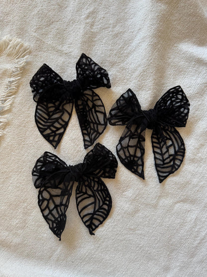 Halloween Bow, Black Spider Web Bow, Mesh Bow, Lace Bow, Bow Hair Clip, Long Tail Hair Bow, Barrette Hair Clip,  Brynnbands, Fable Bow