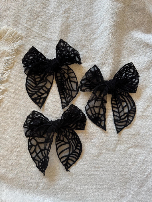 Halloween Bow, Black Spider Web Bow, Mesh Bow, Lace Bow, Bow Hair Clip, Long Tail Hair Bow, Barrette Hair Clip,  Brynnbands, Fable Bow