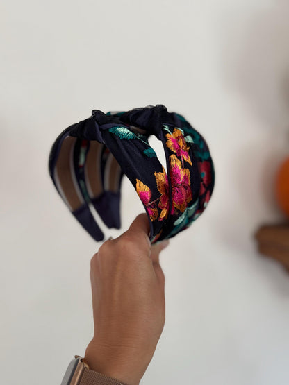 Navy Floral Embroidered Top Knot Headband, Satin Base