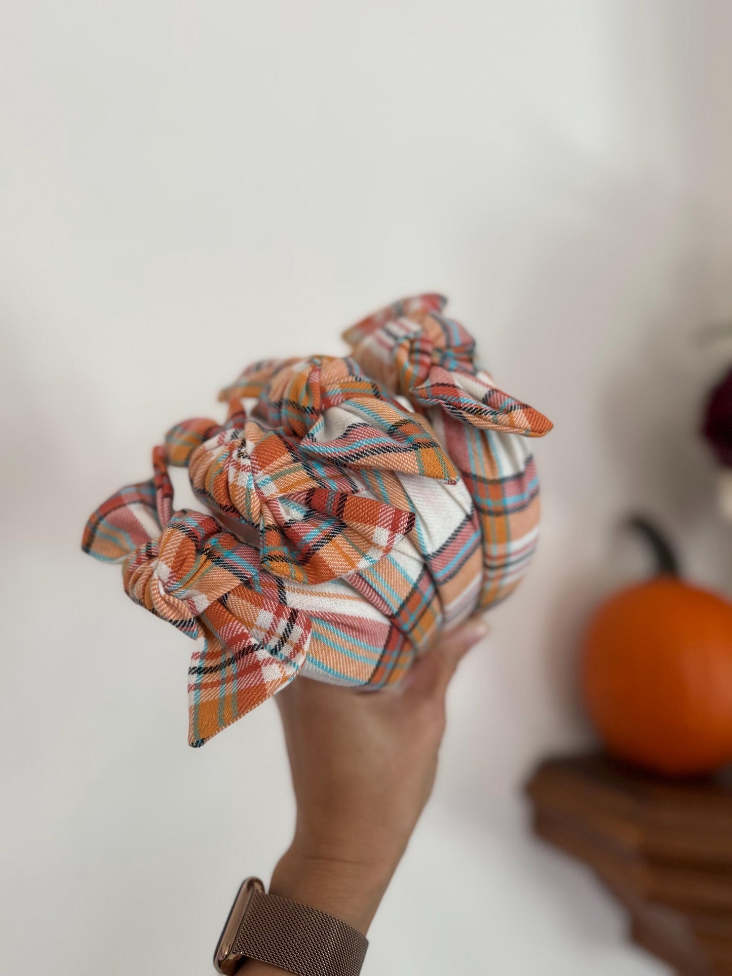 Orange Cream Plaid Top Knot Cotton Headband, Fall Hair