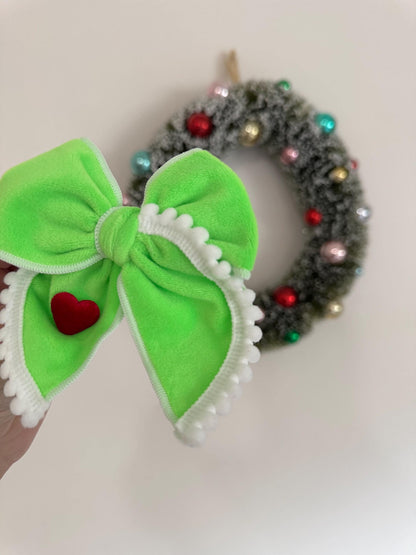 Green Hair Bow Barrette with Red Heart, Brynnbands Handmade