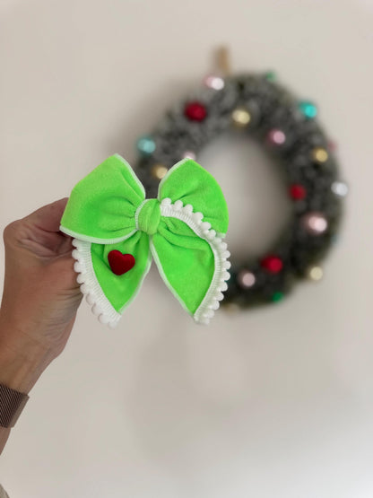 Green Hair Bow Barrette with Red Heart, Brynnbands Handmade