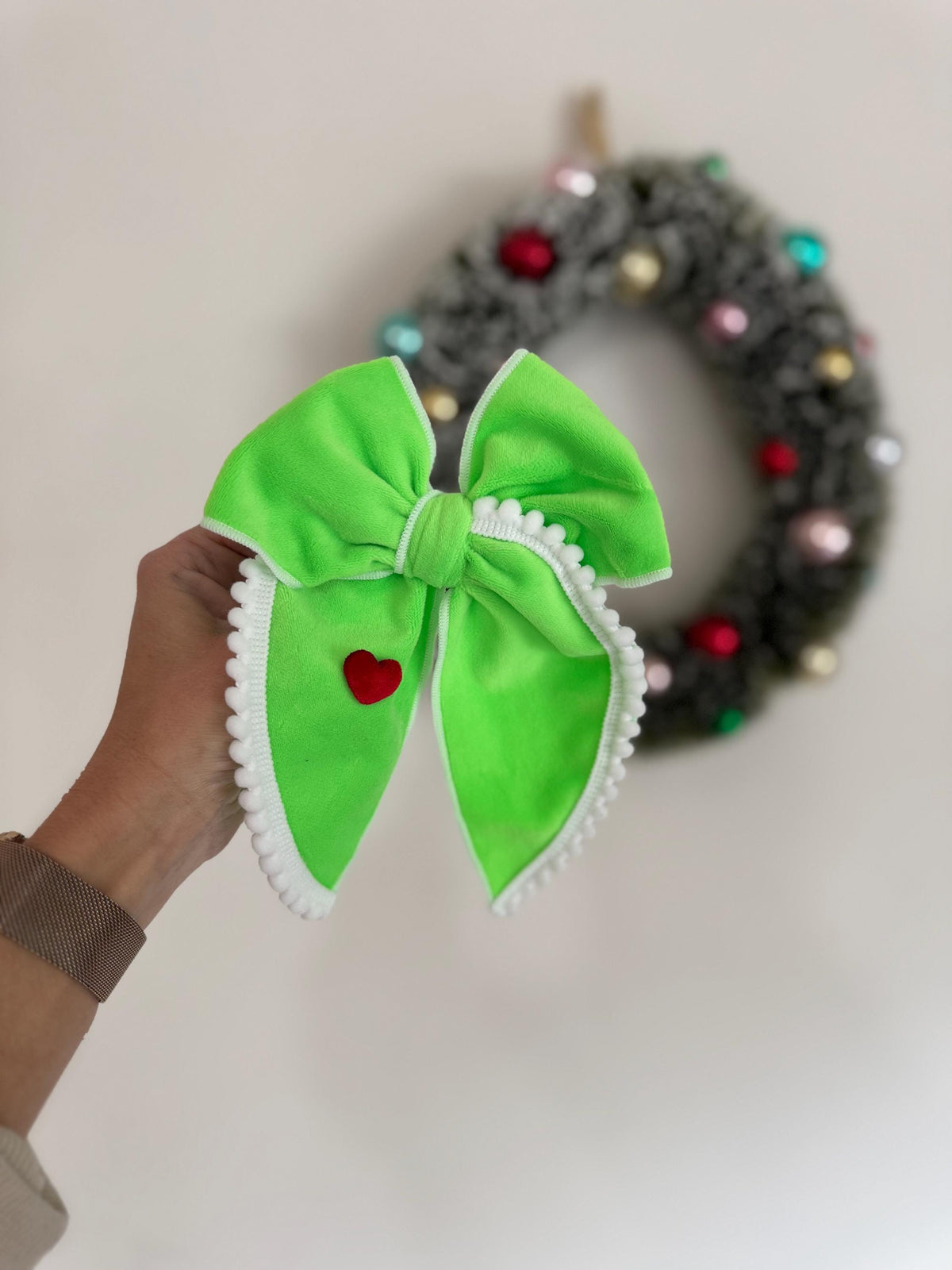 Green Hair Bow Barrette with Red Heart, Brynnbands Handmade