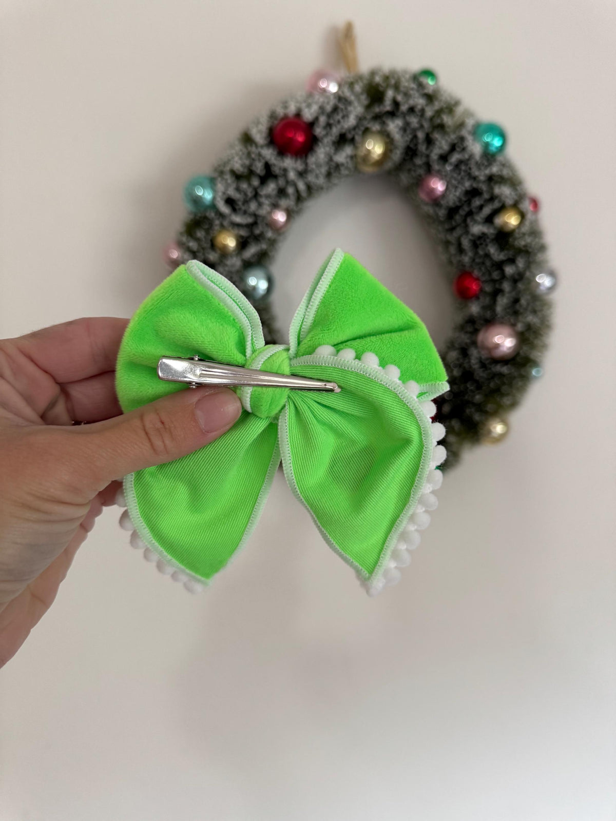 Green Hair Bow Barrette with Red Heart, Brynnbands Handmade