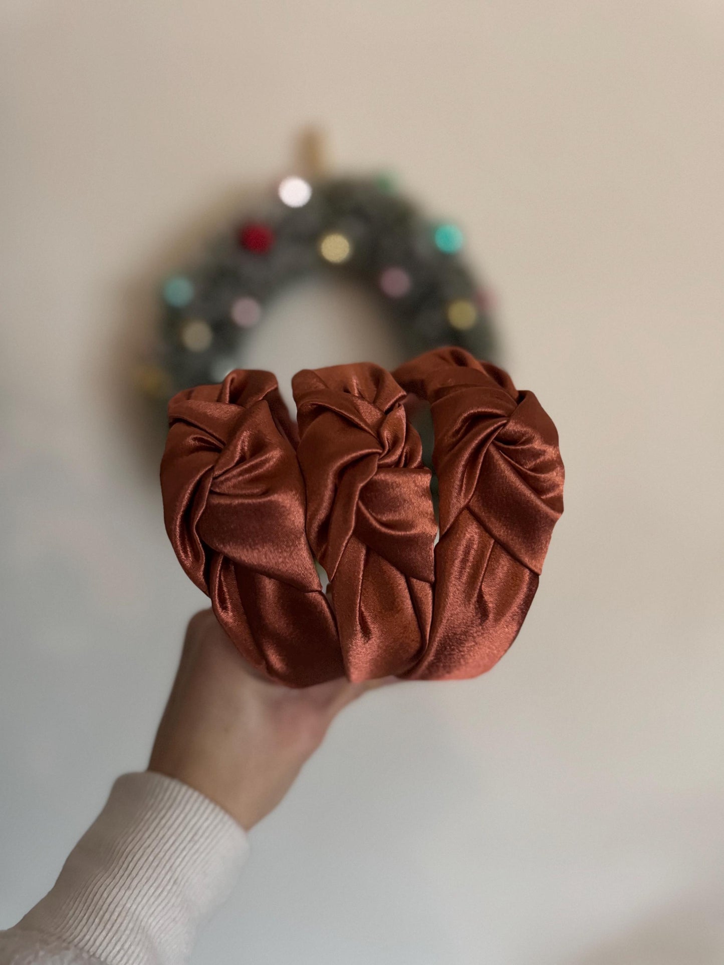 Copper Satin Top Knot Headband, Bendable Hard Headband