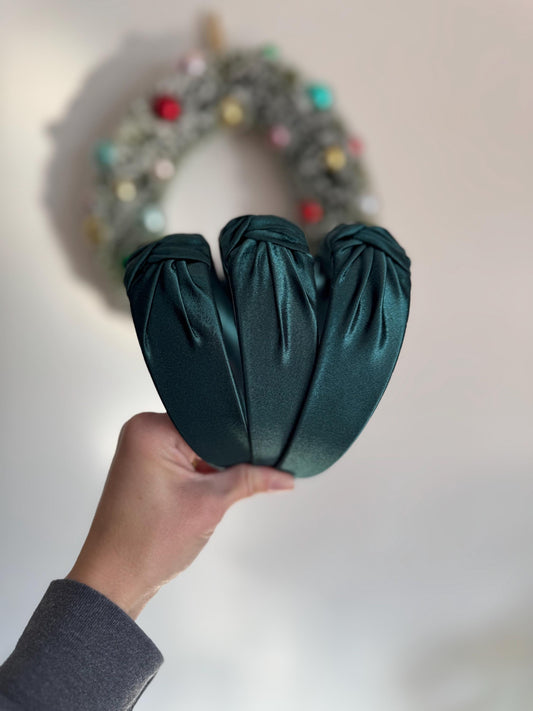 Green Satin Top Knot Headband, Bendable Hard Headband, Brynnbands