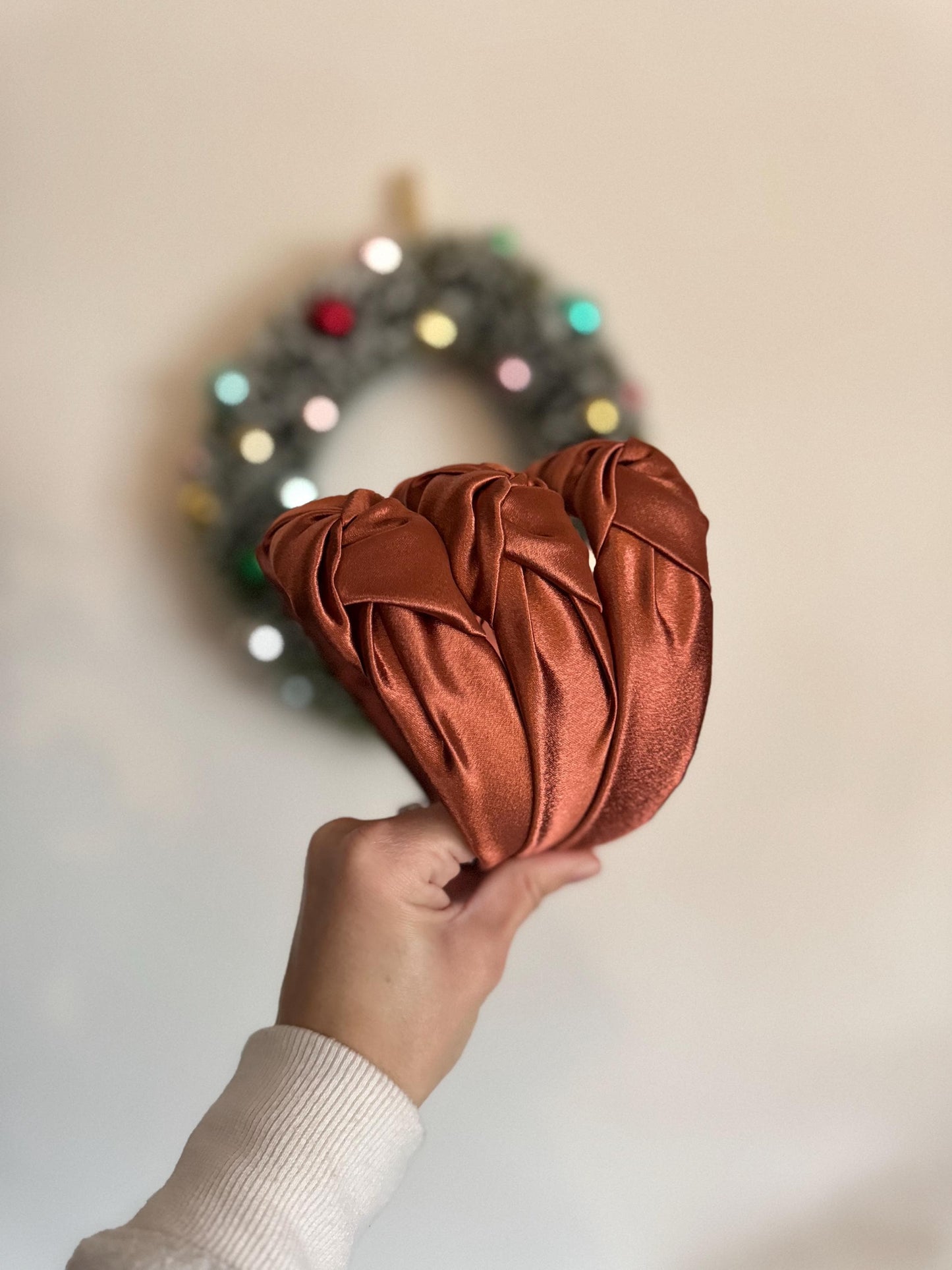 Copper Satin Top Knot Headband, Bendable Hard Headband