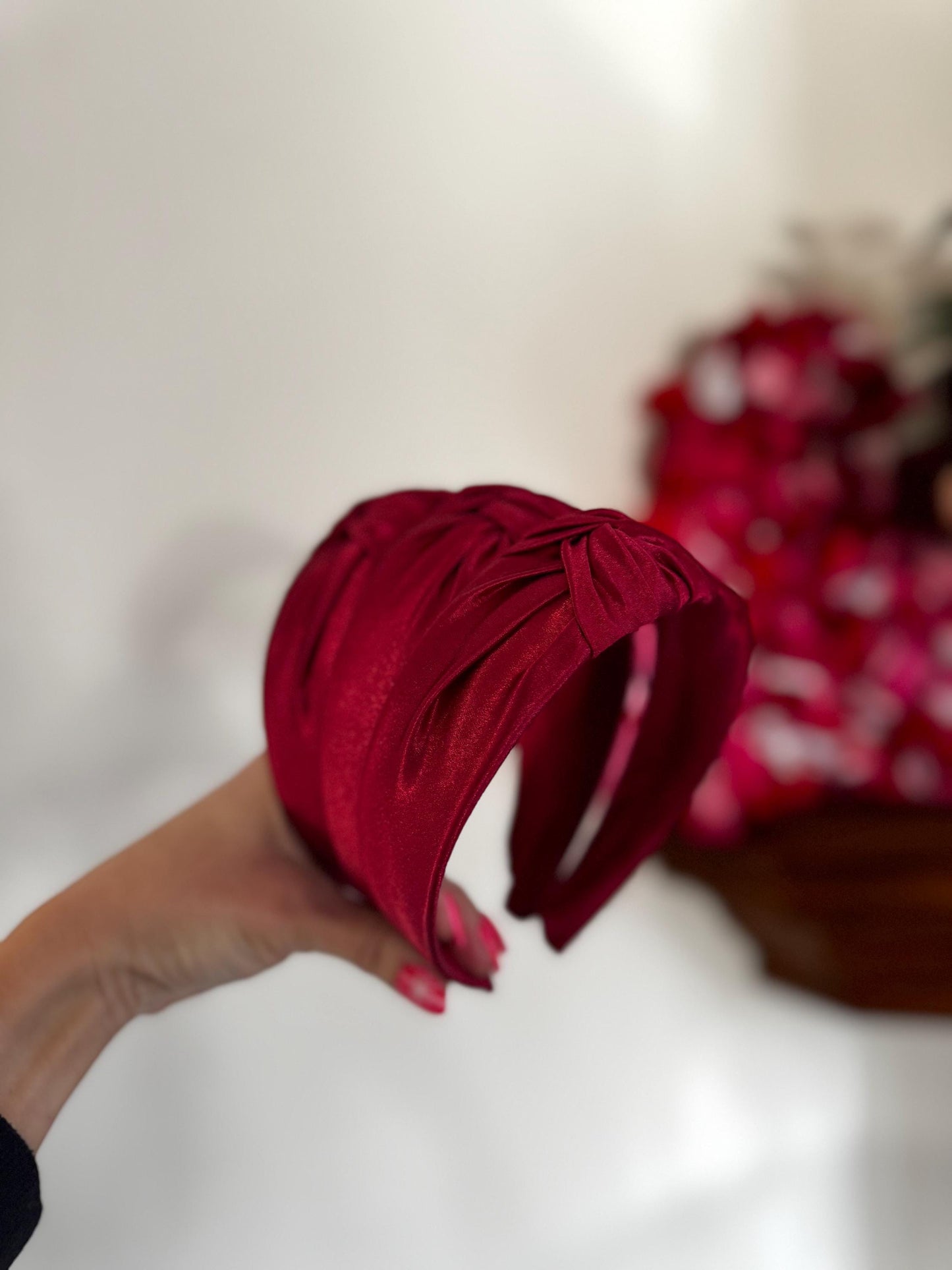Red Satin Top Knot Headband, holiday plaid headband,  Hard Headband , Christmas  Headband, Bendable Headband, Brynnbands